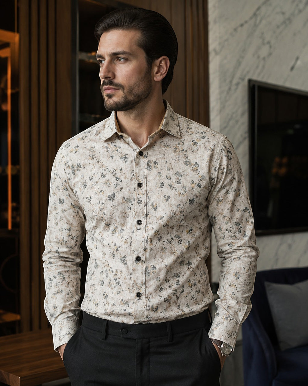 Barutti.ae Casamoda beige cotton shirt with muted floral print, structured collar, and dark buttons on a male model.