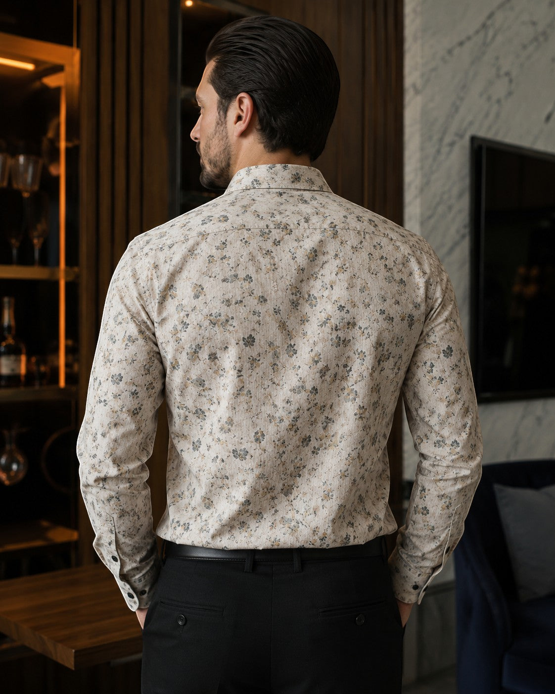 Barutti.ae Casamoda beige cotton casual shirt with a muted floral print, viewed from the back on a man.