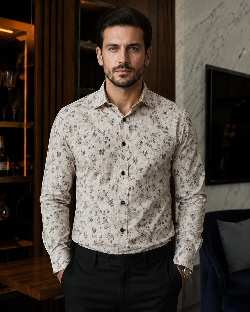 Barutti.ae model wearing a Casamoda beige cotton casual shirt with a muted floral print and dark button details.