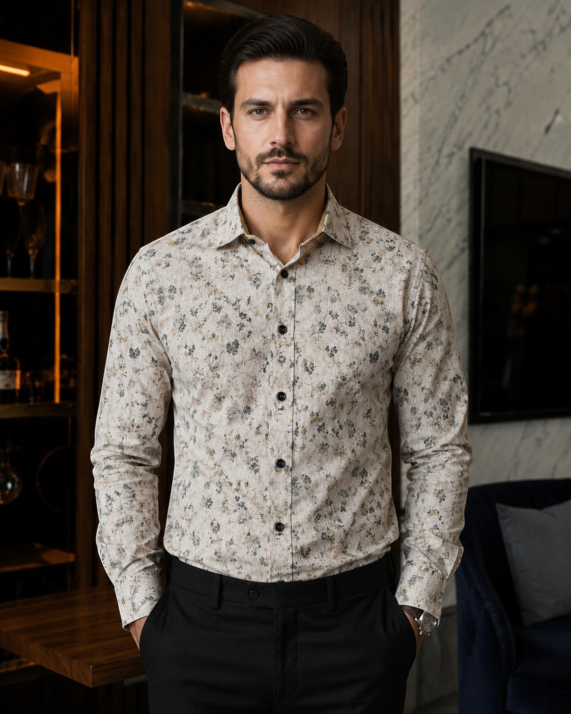 Barutti.ae model wearing a Casamoda beige cotton casual shirt with a muted floral print and dark button details.
