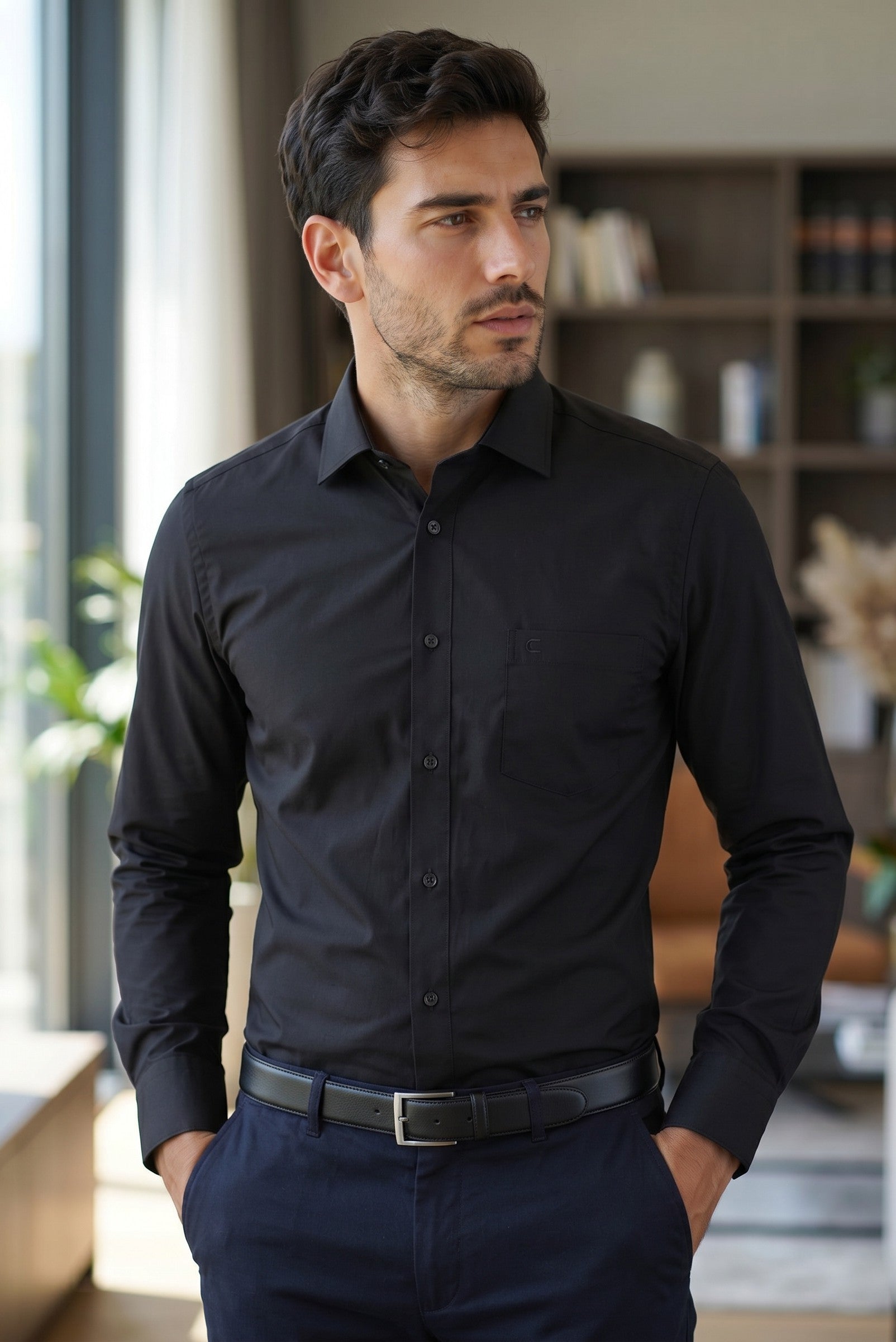 Barutti.ae Casamoda black classic fit dress shirt with a button-down collar worn by a man in a professional setting.
