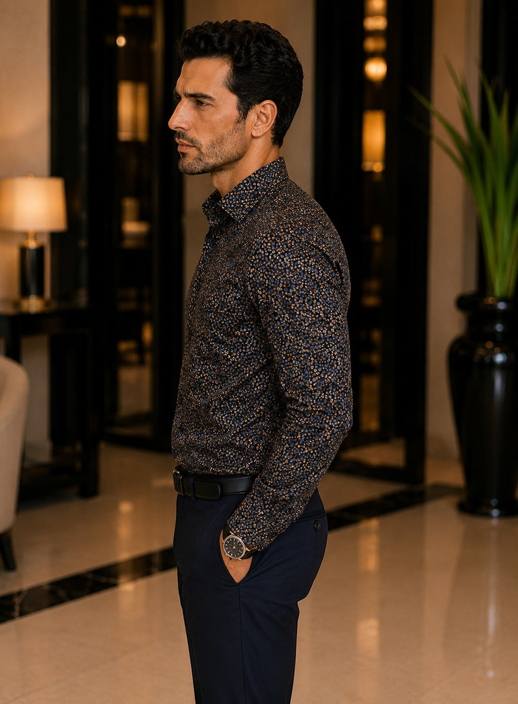 Barutti.ae Casamoda charcoal casual shirt with orange and grey floral micro-print worn by a man in a luxury interior