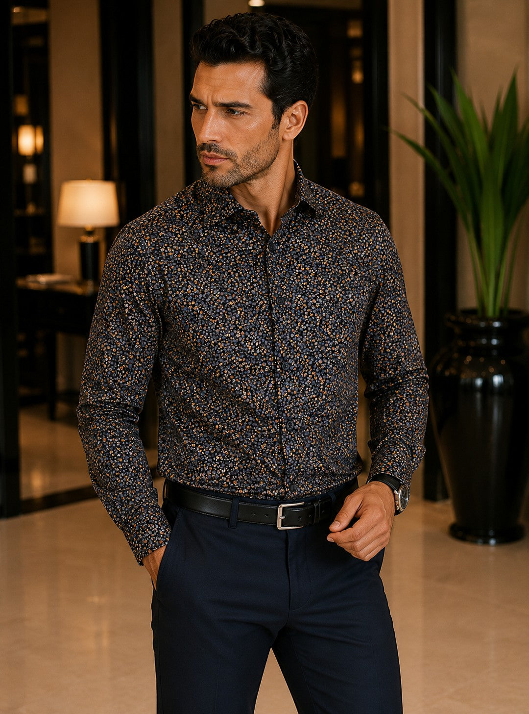 Model wearing a Barutti.ae Casamoda charcoal cotton casual shirt with an orange and grey floral micro-print