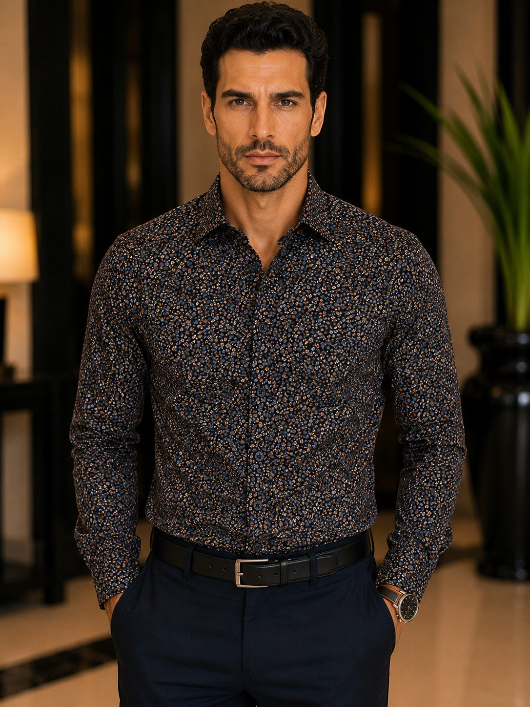 Model wearing a Barutti.ae Casamoda charcoal casual shirt with an intricate orange and grey floral micro-print.