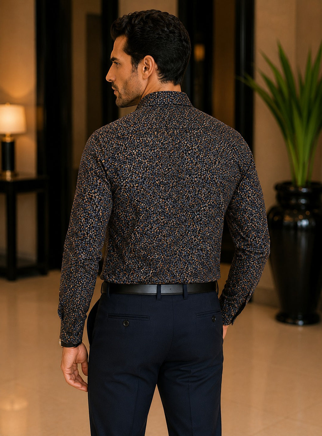 Barutti.ae Casamoda charcoal cotton casual shirt with orange and grey floral micro-print, worn by a man from behind.