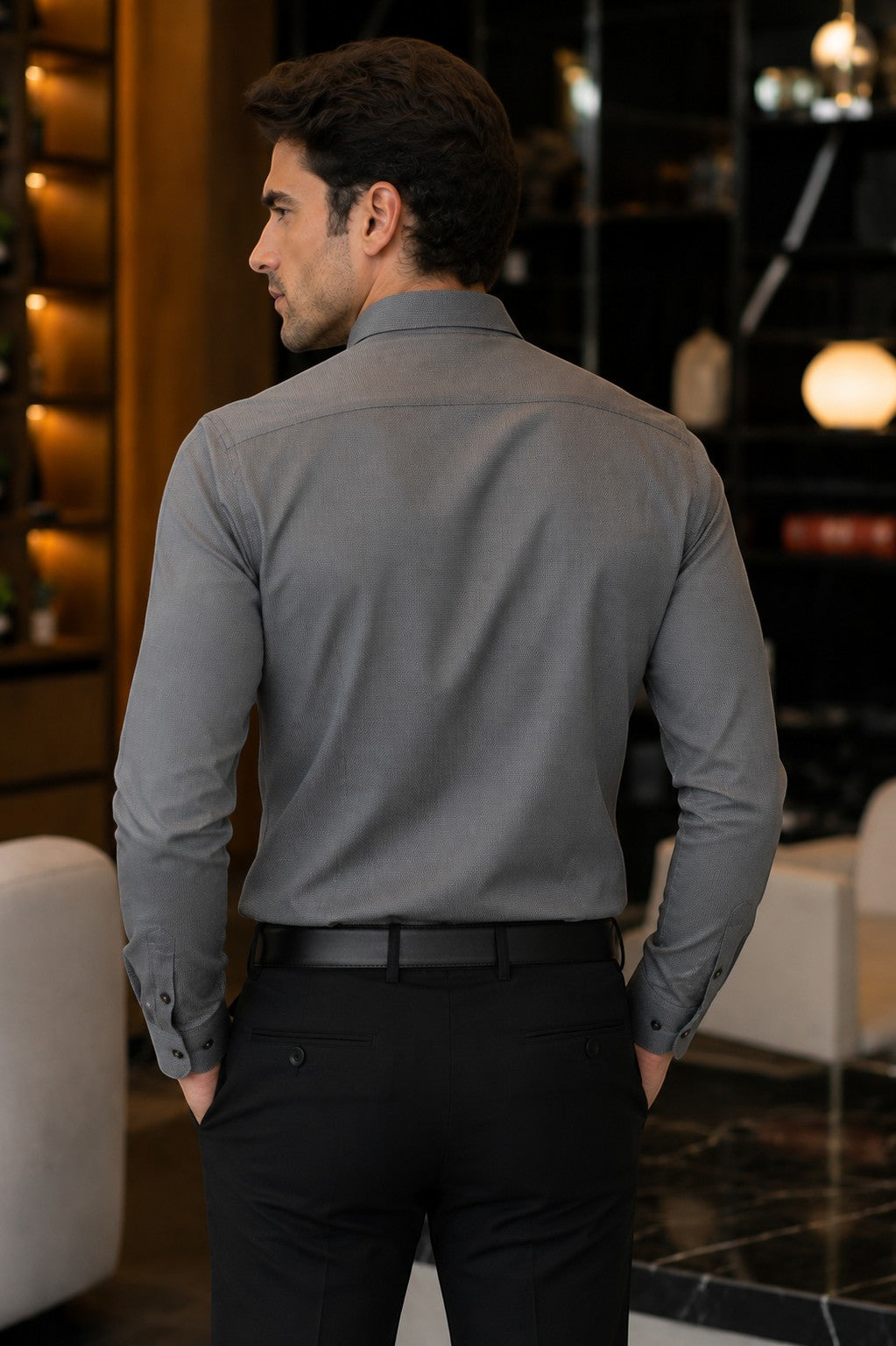 Barutti.ae CASAMODA charcoal grey textured long sleeve shirt with a modern fit, viewed from the back on a man.