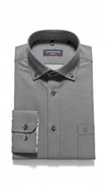 Casamoda charcoal grey modern-fit long sleeve cotton shirt with a button-down collar, birdseye texture and chest pocket.