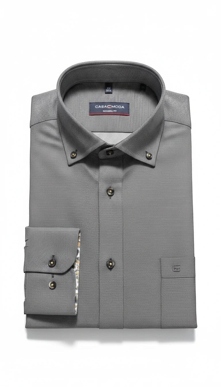 Casamoda charcoal grey modern-fit long sleeve cotton shirt with a button-down collar, birdseye texture and chest pocket.