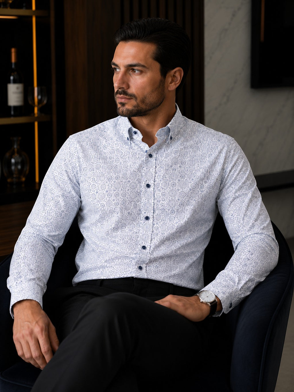 Barutti.ae Casamoda comfort-fit white long-sleeve shirt with navy geometric mandala print and navy buttons on a model
