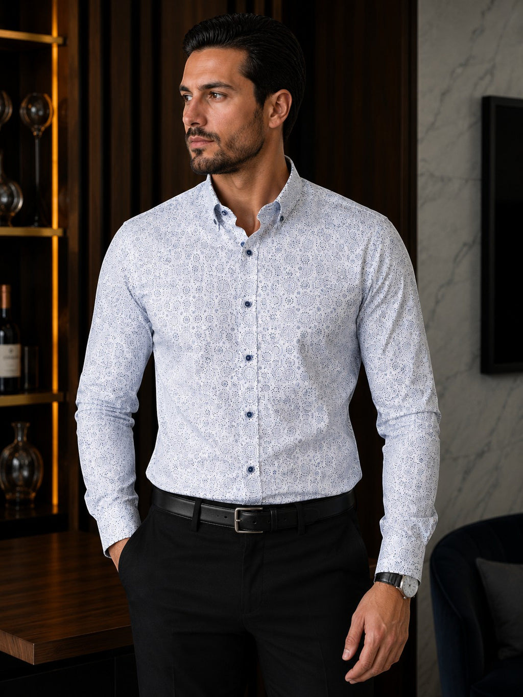 Barutti.ae Casamoda comfort-fit long-sleeve shirt in white cotton with navy geometric mandala print and navy buttons.