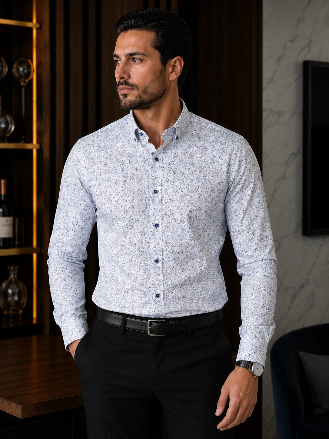 Barutti.ae Casamoda comfort-fit long-sleeve shirt in white cotton with navy geometric mandala print and navy buttons.