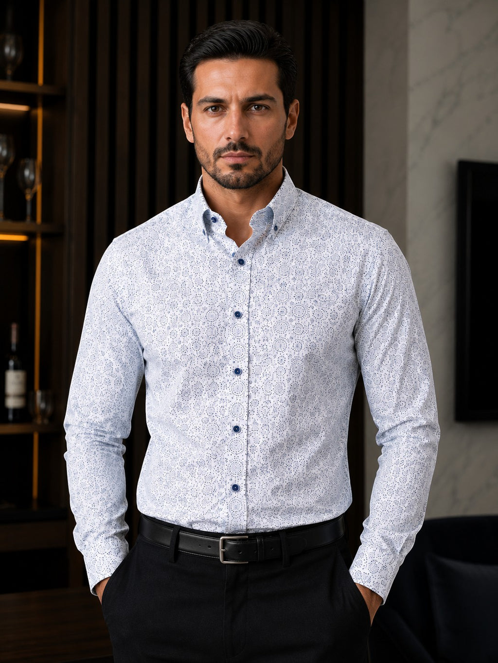 Barutti.ae Casamoda comfort-fit long-sleeve shirt in white with a navy geometric mandala print and navy buttons.