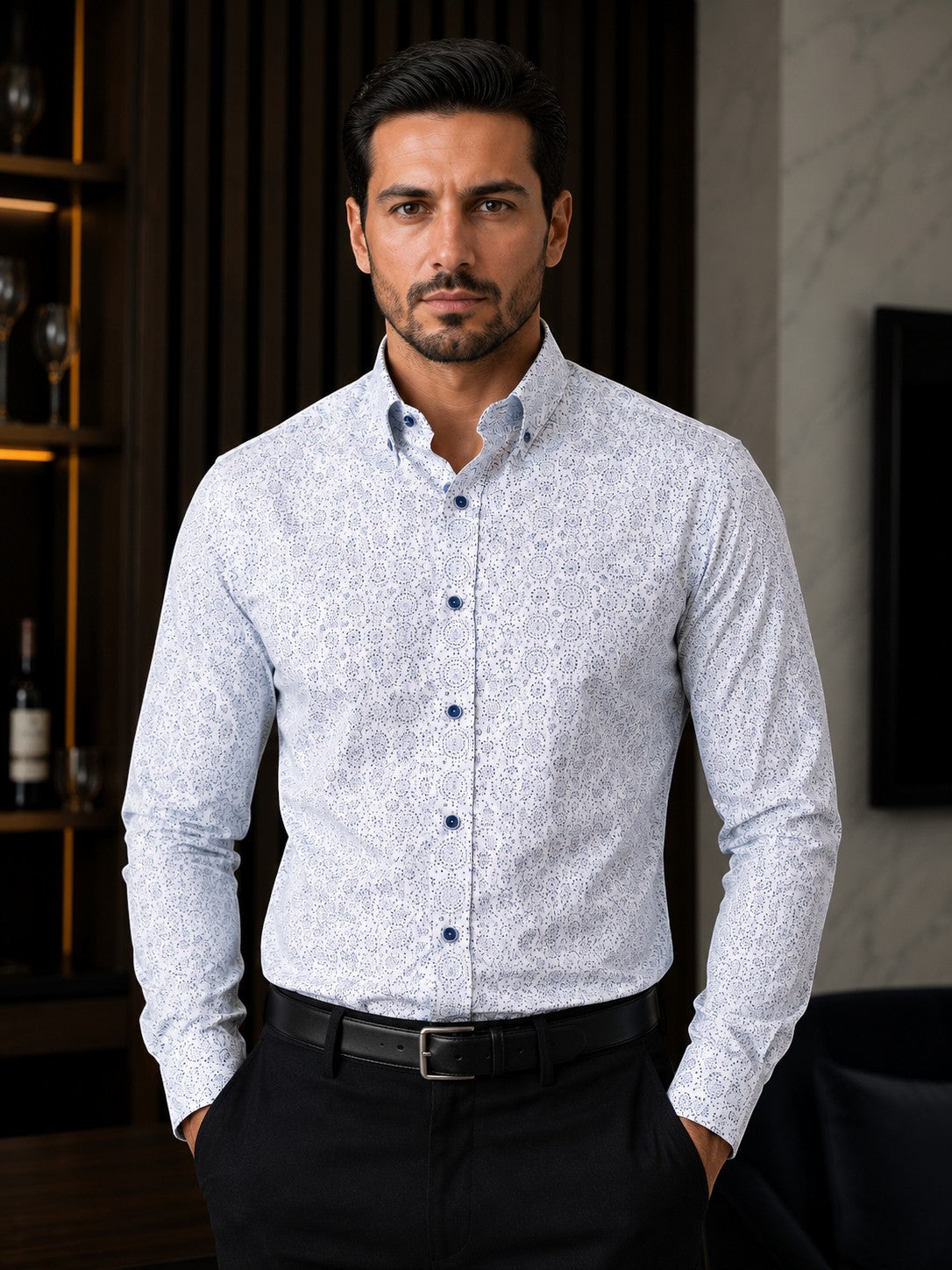 Barutti.ae Casamoda comfort-fit long-sleeve shirt in white with a navy geometric mandala print and navy buttons.