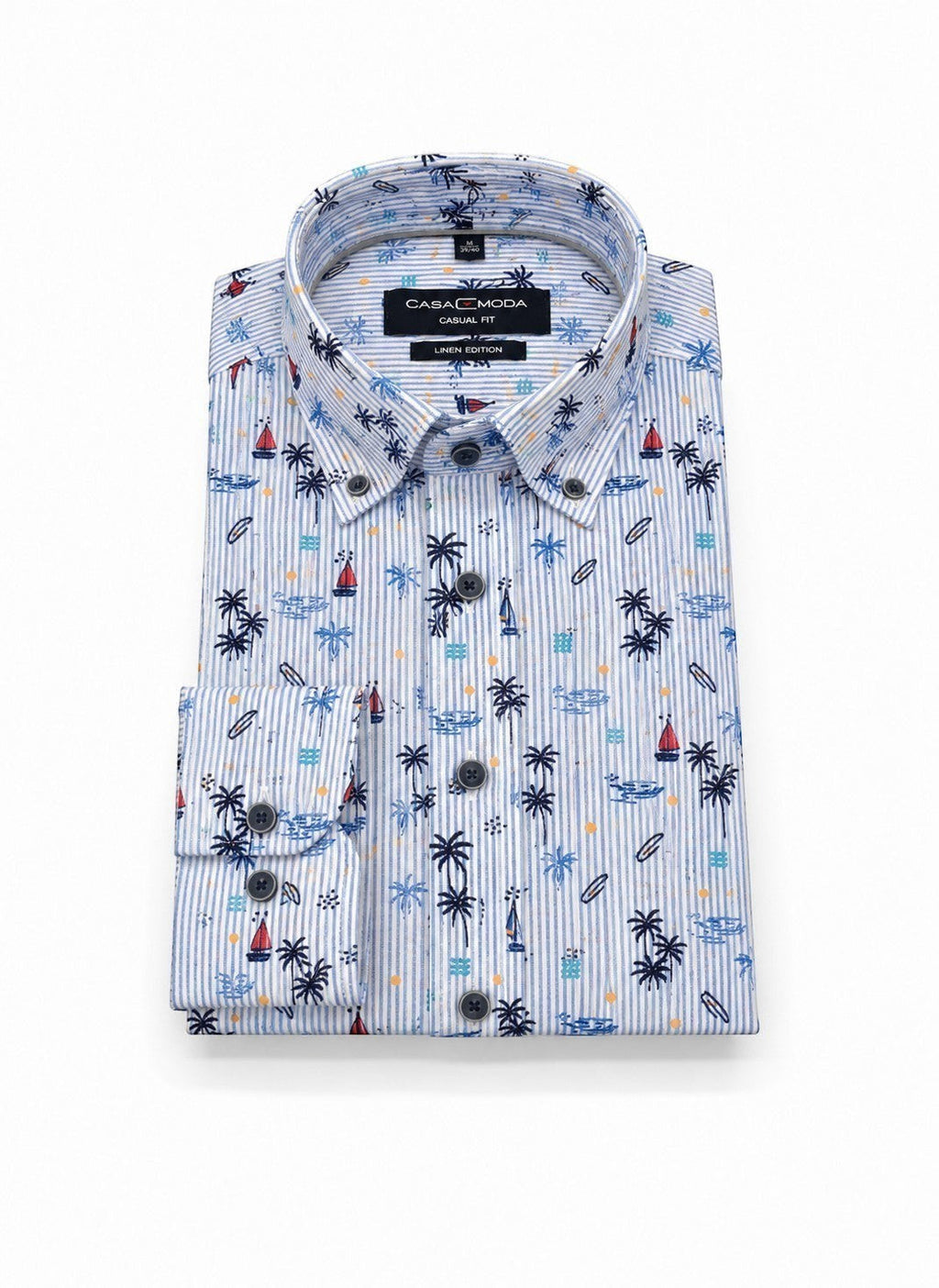 Casamoda casual-fit linen-blend shirt with a nautical palm tree and sailboat print on a blue pinstripe.