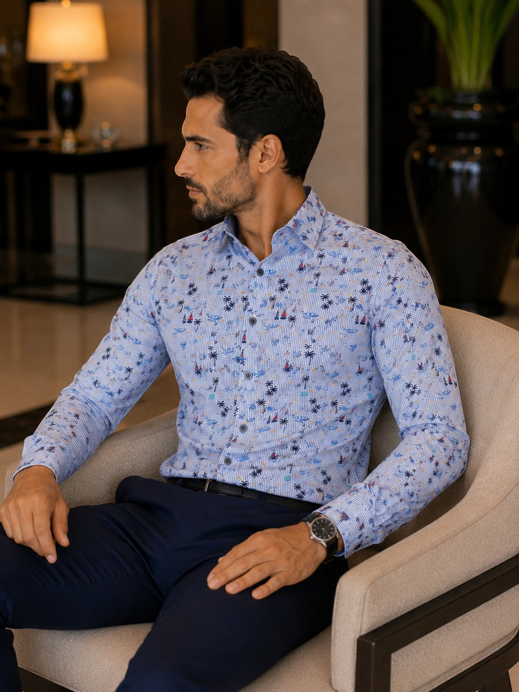 Barutti.ae Casamoda linen-blend shirt with nautical palm tree and sailboat print on a light blue pinstripe background.