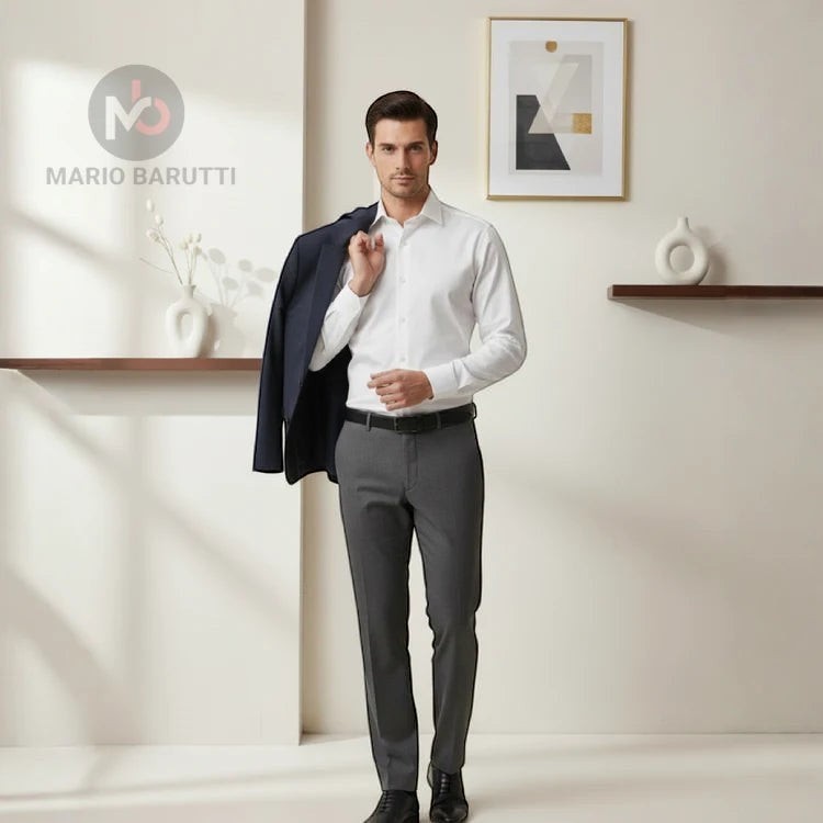 Man wearing a Casamoda off-white classic-fit dress shirt with grey trousers and a navy blazer