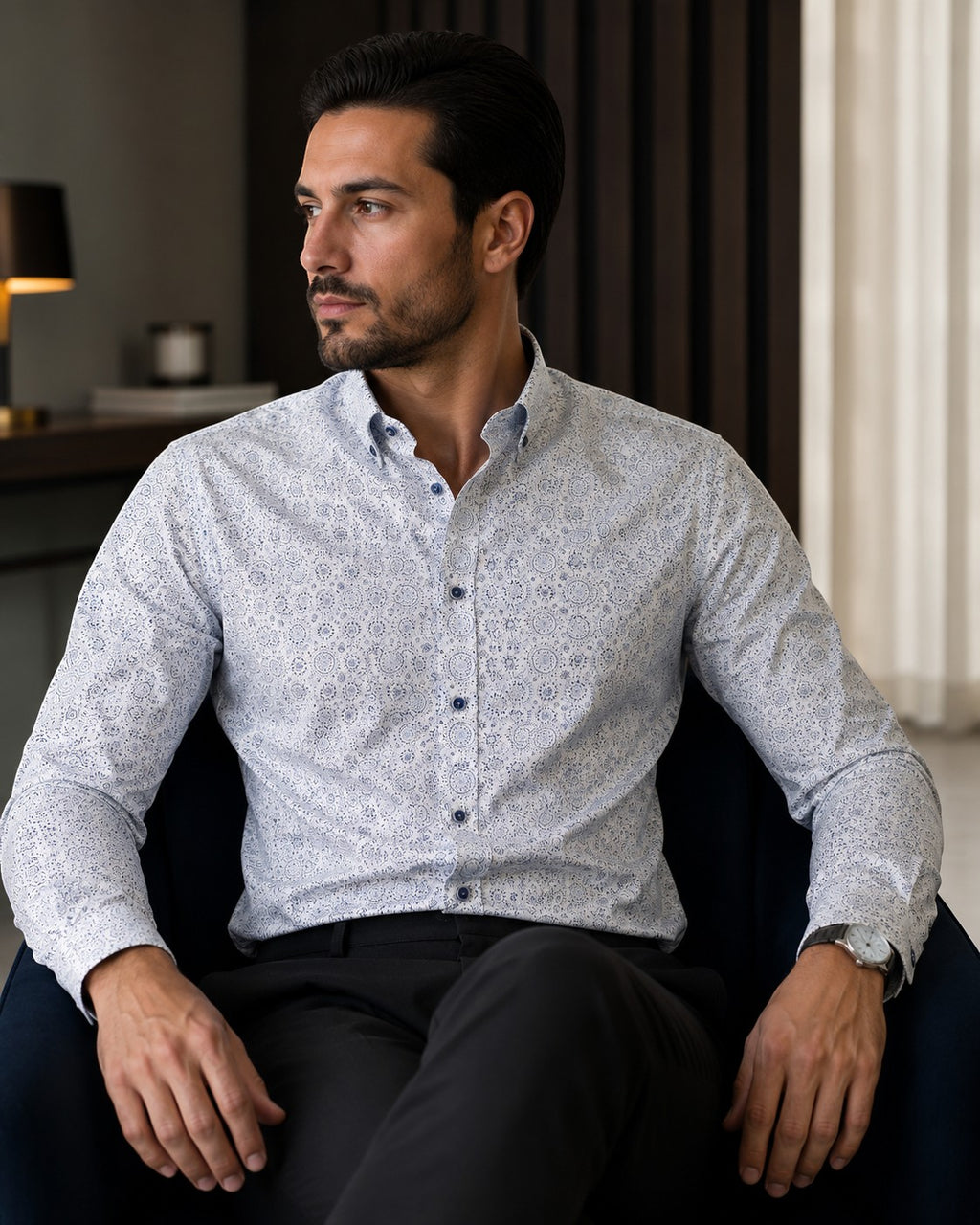 Barutti.ae Casamoda comfort-fit white long-sleeve shirt with navy geometric mandala print and navy buttons on a model