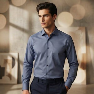 A man wearing a Casamoda petrol blue-green classic-fit dress shirt with a collar and button cuffs.