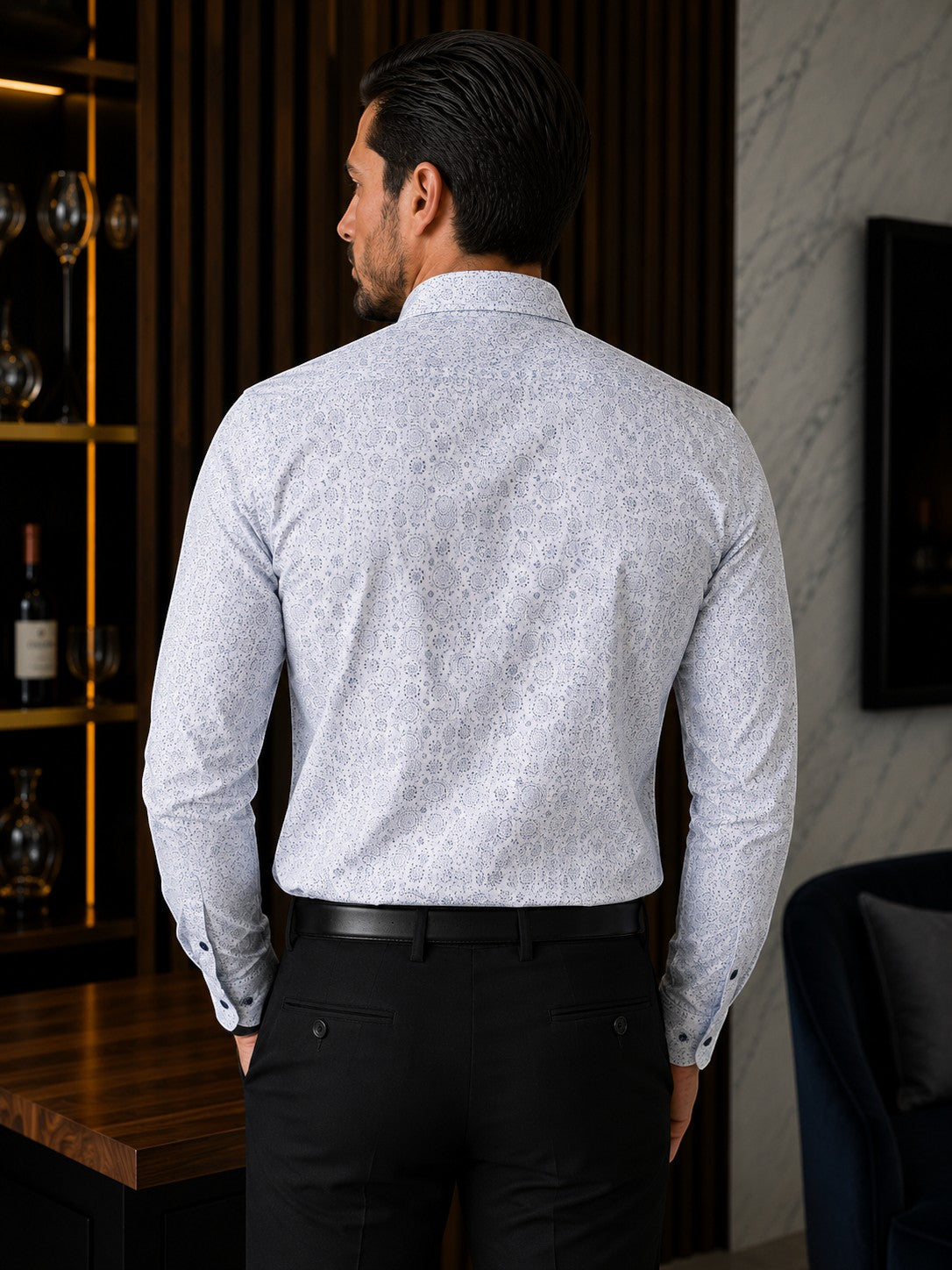 Barutti.ae Casamoda comfort-fit white long-sleeve shirt with navy geometric mandala print, back view on a man.
