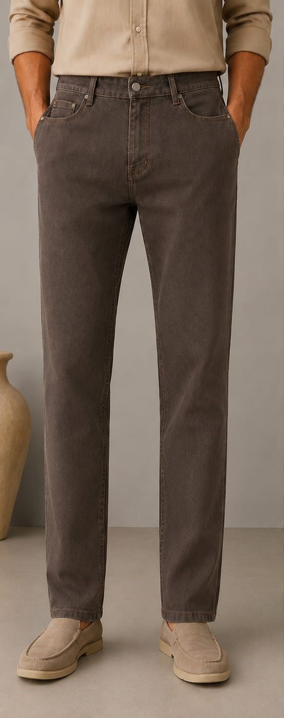 Barutti.ae charcoal-brown denim trousers with a classic five-pocket design, worn with beige loafers.