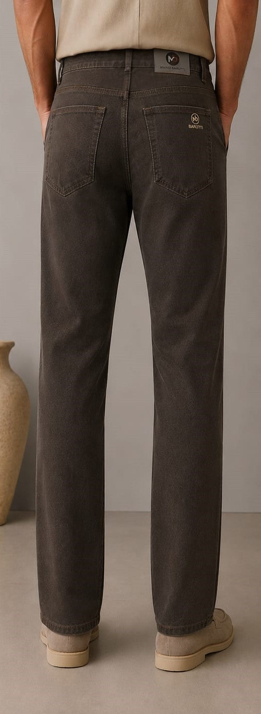 Barutti.ae charcoal denim trousers with a classic five-pocket design, tailored fit, and branded back patch.