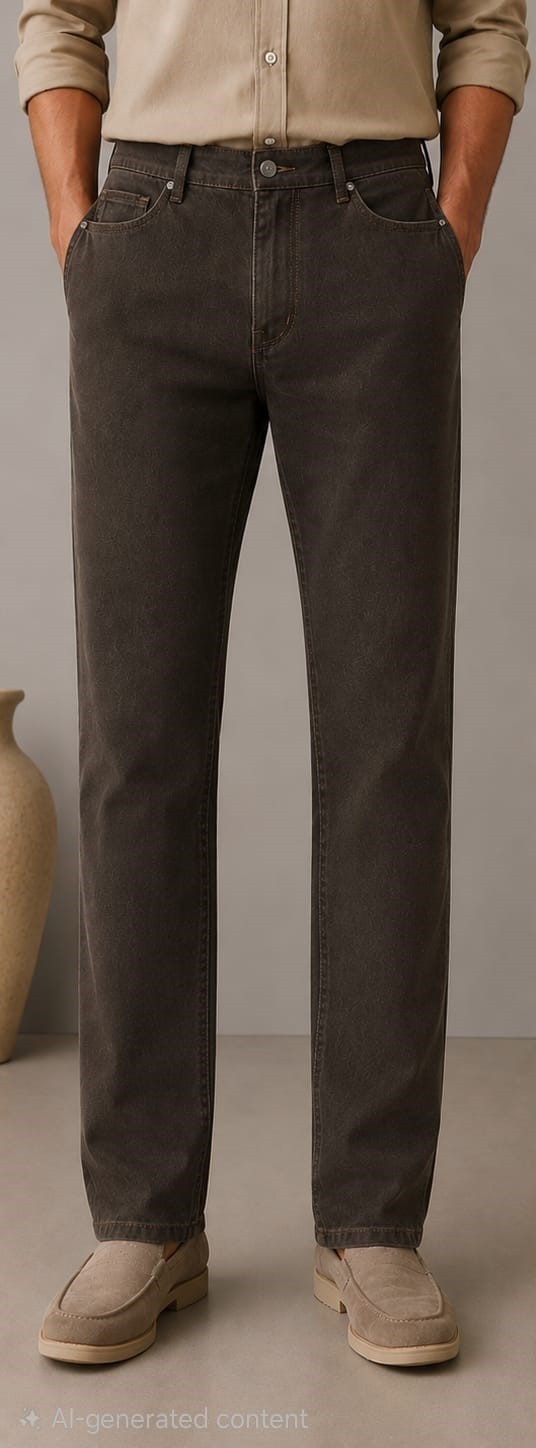 Barutti.ae charcoal denim trousers with a classic five-pocket design and tailored fit worn with beige loafers.