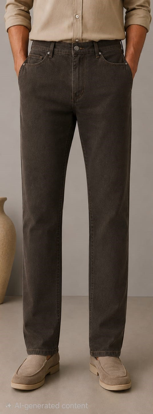 Barutti.ae charcoal denim trousers with a classic five-pocket design and tailored fit worn with beige loafers.