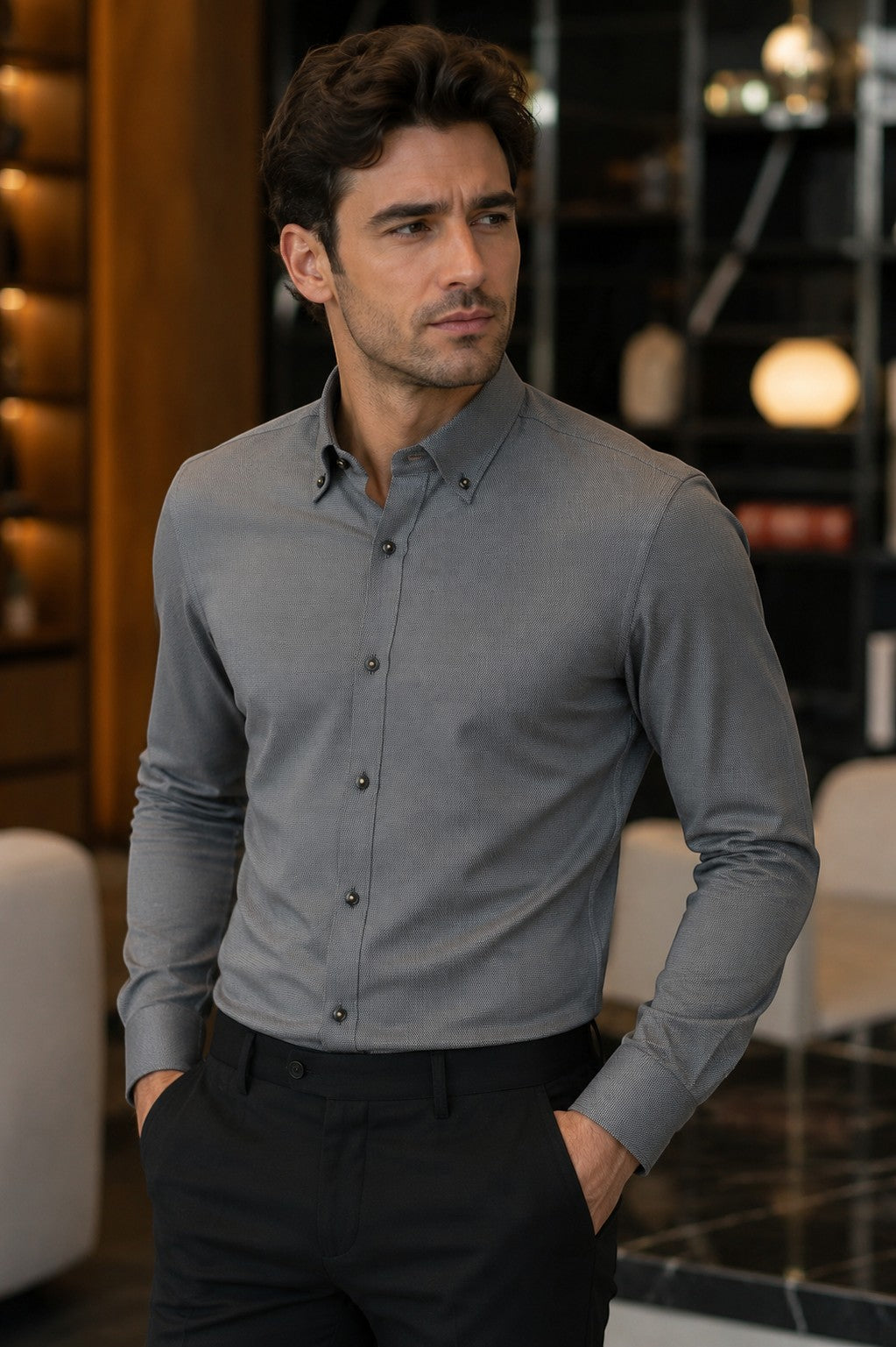 Barutti.ae charcoal grey textured long sleeve button-down shirt worn by a man in a modern fit style.