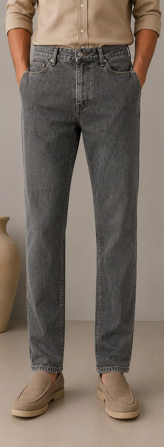 Barutti.ae charcoal grey classic fit denim jeans worn with a beige shirt and loafers for a polished casual look.