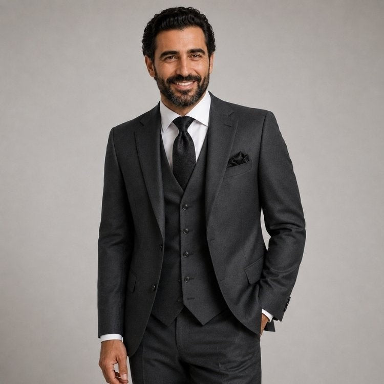 Marco Ricci charcoal grey three-piece Italian suit with waistcoat and notch lapel worn by a smiling man