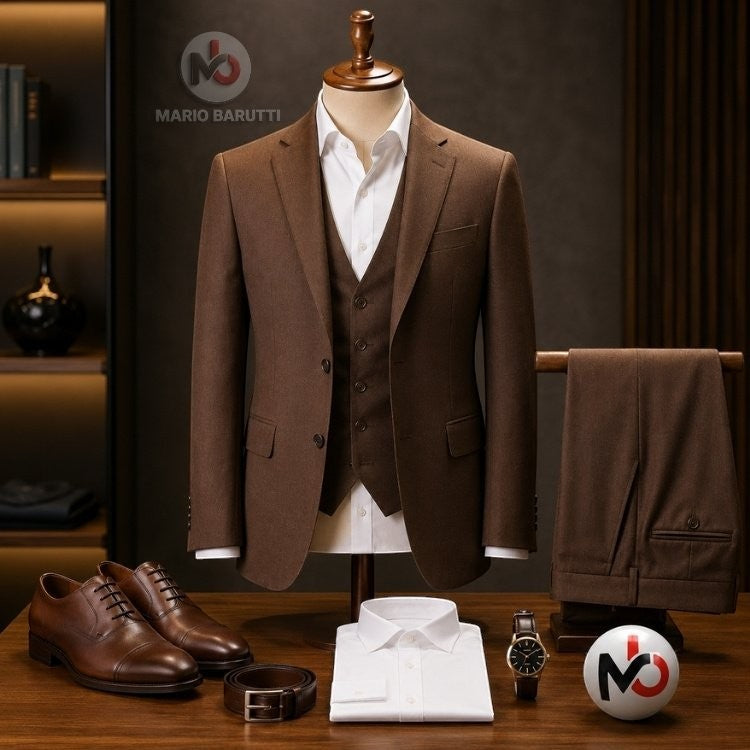 Marco Ricci copper three-piece suit on a mannequin with matching trousers, white shirt, and brown leather shoes.