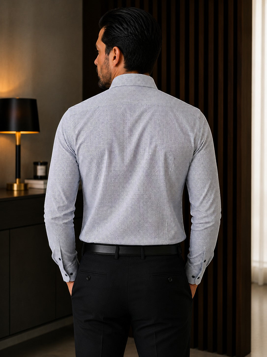 Barutti.ae body-fit shirt in white with blue, tan, and navy dot print, seen from the back on a man.