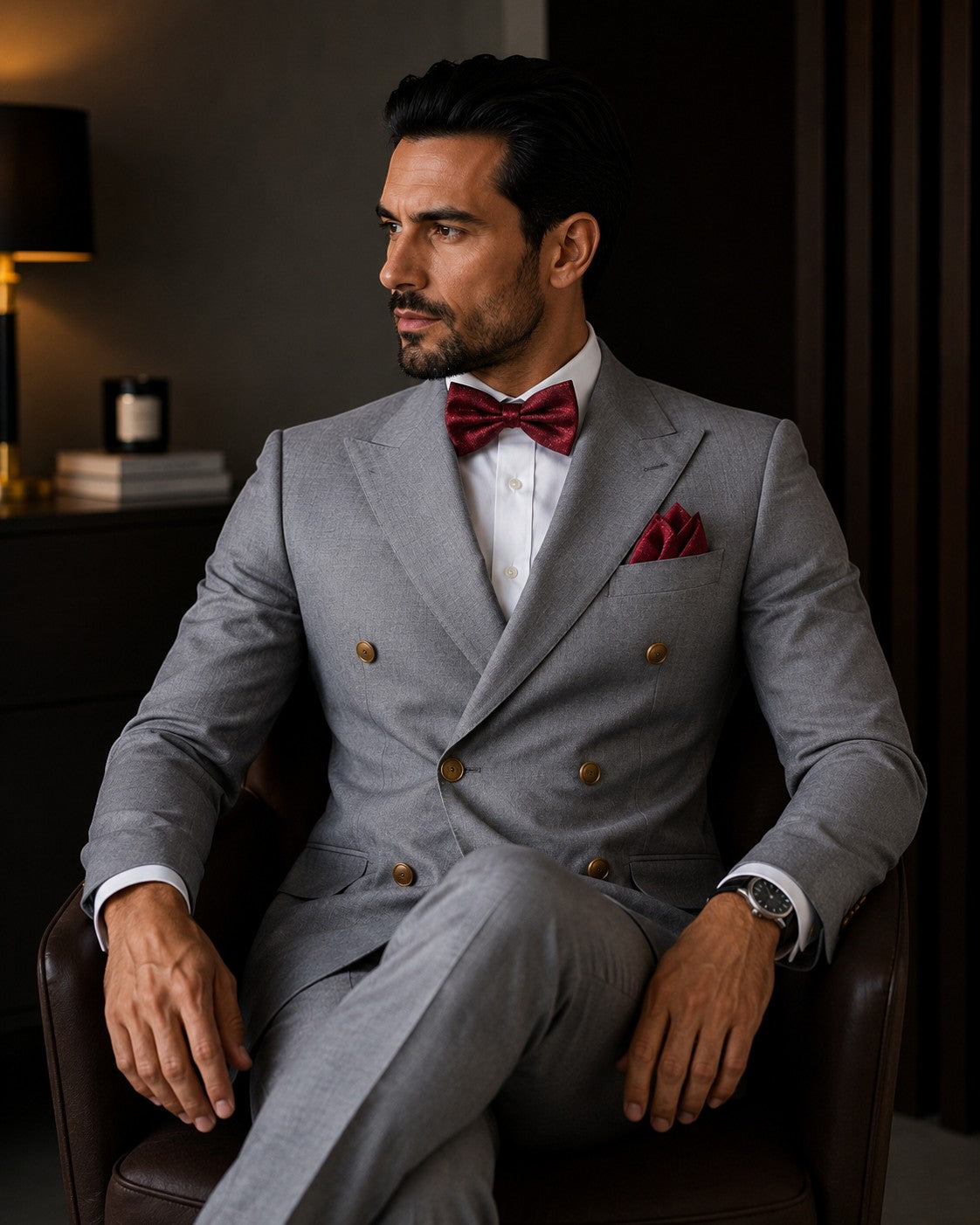 Barutti.ae grey double-breasted suit with peak lapels, worn by a man with a burgundy bowtie and pocket square.
