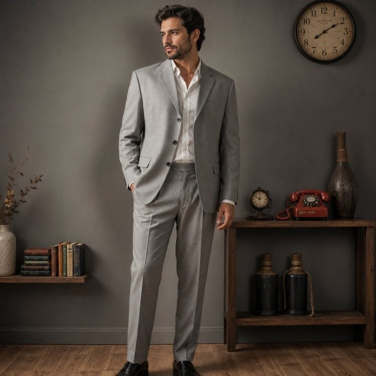 Mario Barutti modern light grey two-piece Italian suit worn by a man in a classic office setting