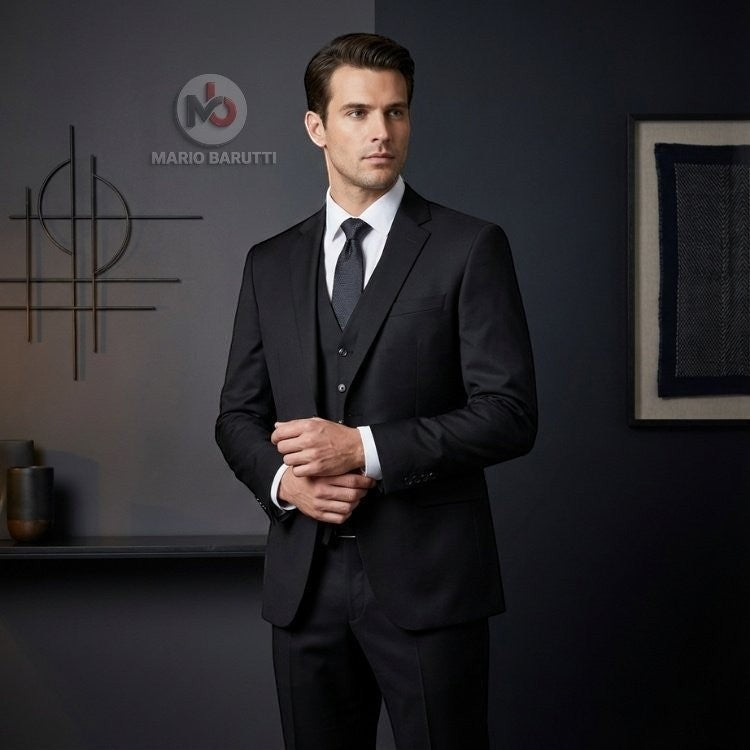 Barutti.ae Marco Ricci black three-piece suit with comfort stretch fabric worn by a man in a modern tailored fit.