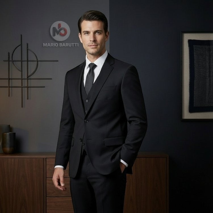 Barutti.ae Marco Ricci black three-piece suit featuring a modern fit jacket, waistcoat, and trousers with stretch.