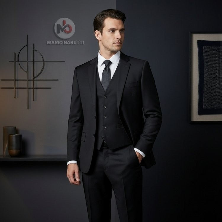 Barutti.ae Marco Ricci black three-piece suit with comfort stretch fabric worn by a man in a modern fit.