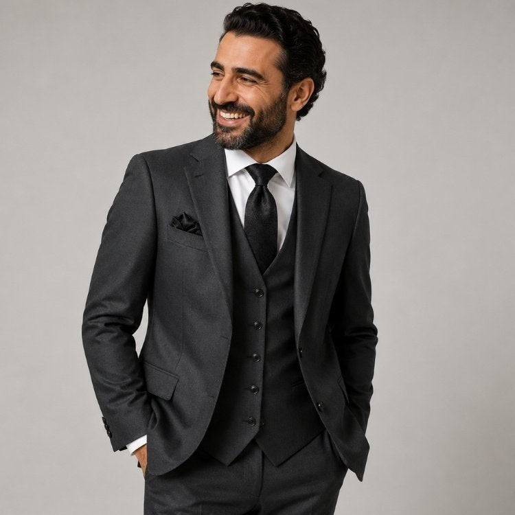 Marco Ricci charcoal grey three-piece suit with notch lapel jacket, waistcoat, and matching tie.
