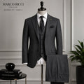 Marco Ricci charcoal grey three-piece Italian suit with notch lapel jacket, waistcoat, and trousers.