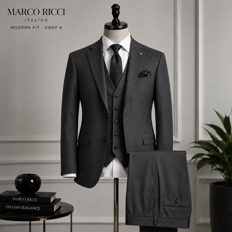 Marco Ricci charcoal grey three-piece Italian suit with notch lapel jacket, waistcoat, and trousers.