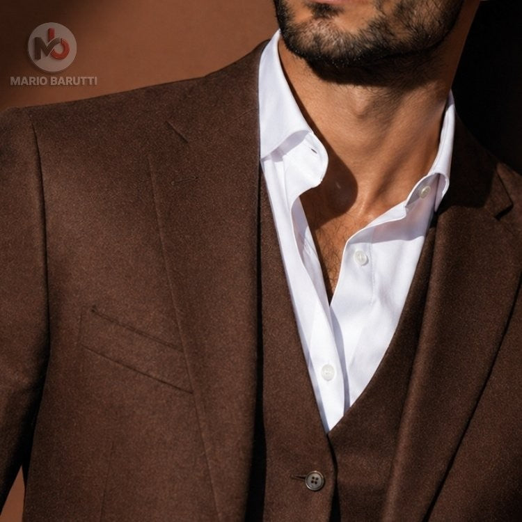 Marco Ricci copper three-piece suit featuring a tailored jacket and waistcoat worn with a white shirt