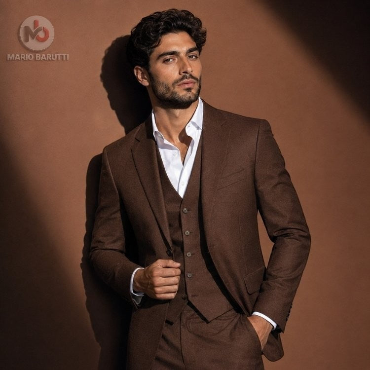 Marco Ricci copper three-piece suit featuring a modern fit jacket and waistcoat on a male model.