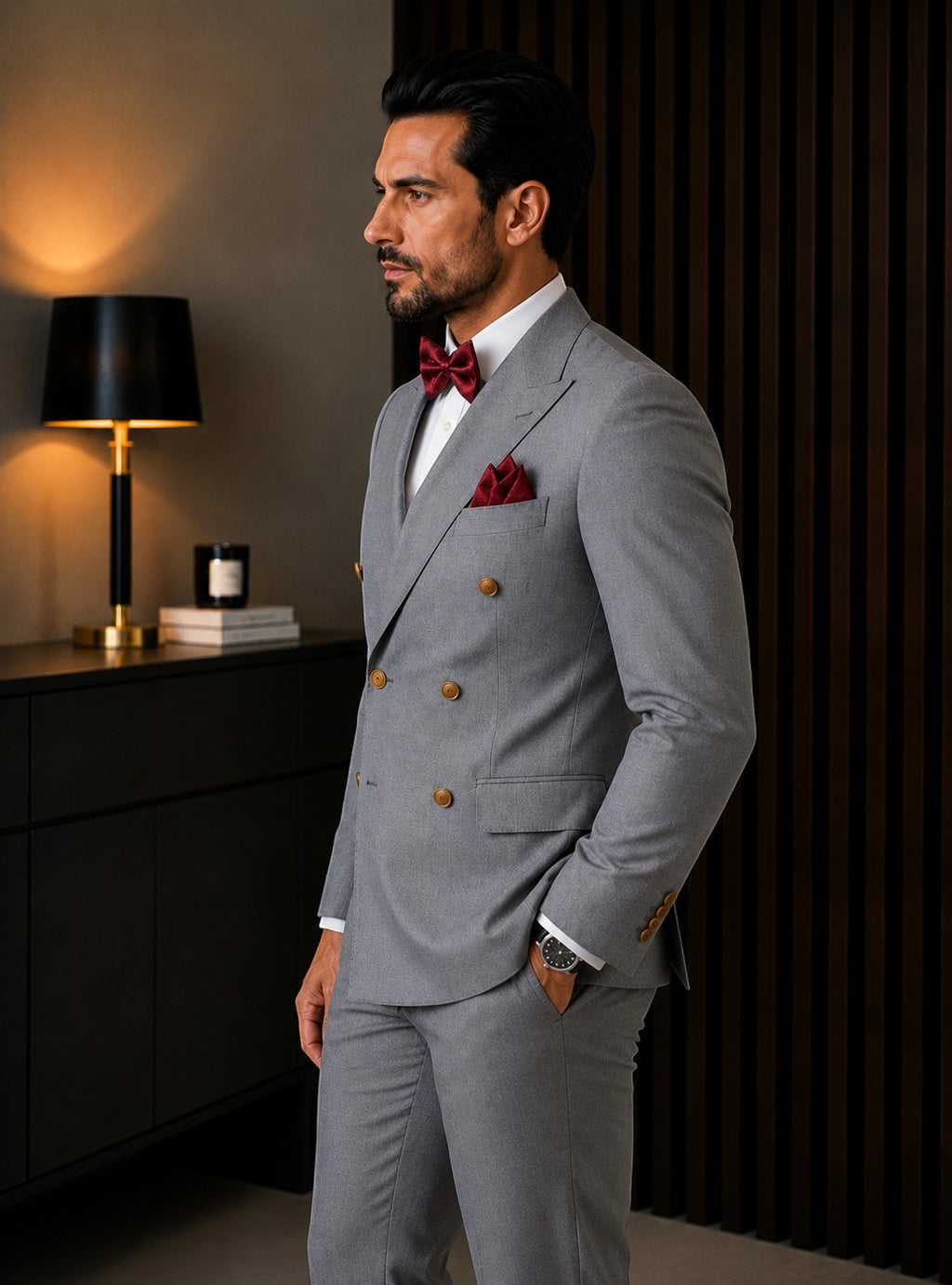 Barutti.ae Marco Ricci mid-grey double-breasted suit with peak lapels, worn with a white shirt and burgundy bow tie.