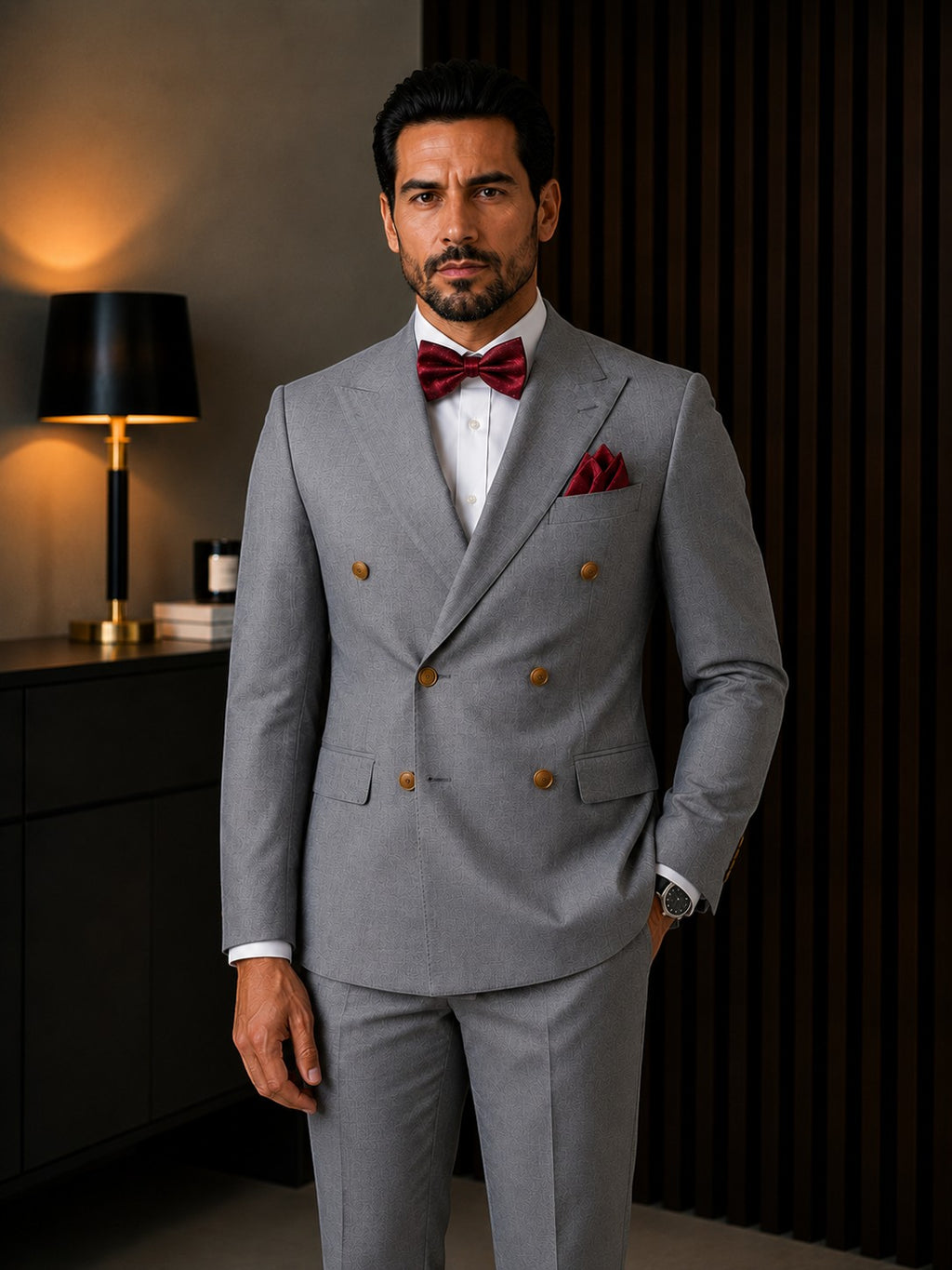 Barutti.ae Marco Ricci mid-grey double-breasted suit with peak lapels, styled with a burgundy bowtie and pocket square.