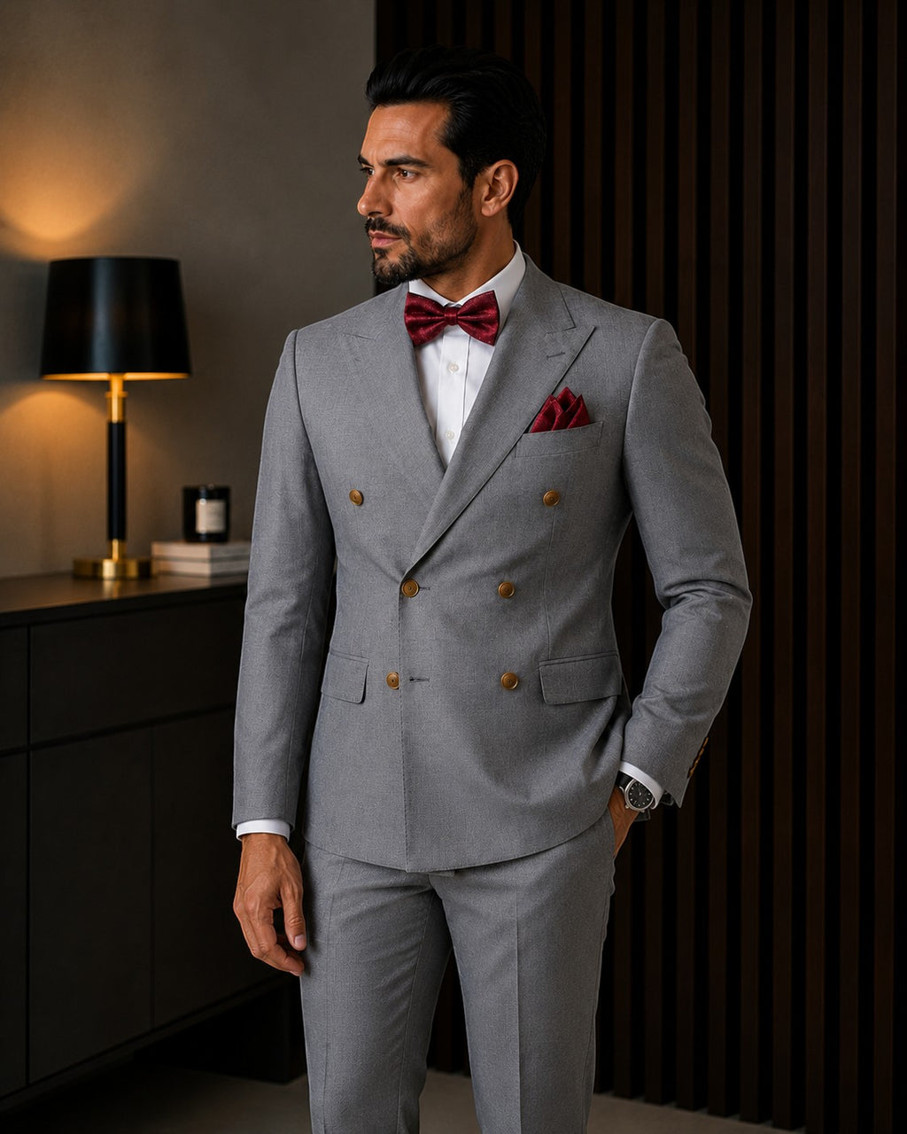 Barutti.ae Marco Ricci mid-grey double-breasted suit with peak lapels, white shirt, and burgundy bow tie and pocket square
