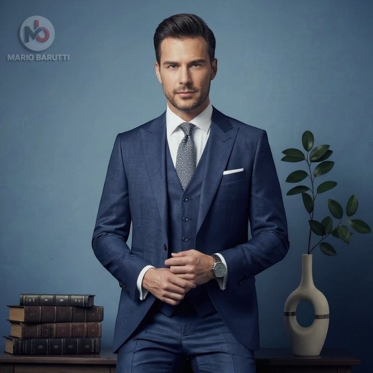 Marco Ricci navy three-piece suit worn by a man with a white shirt and grey tie against a blue background.
