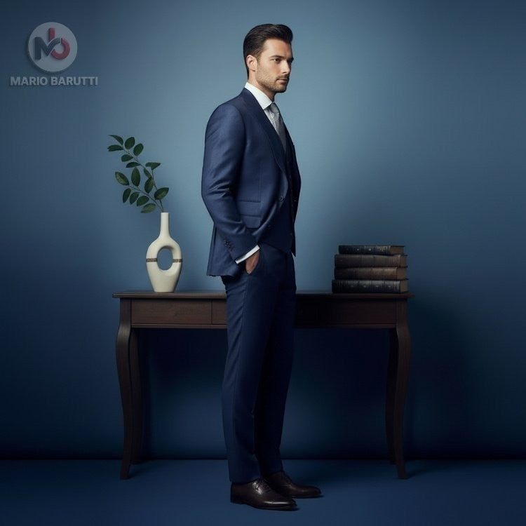 Marco Ricci navy three-piece suit worn by a model in a modern fit, featuring a jacket, waistcoat, and pants.