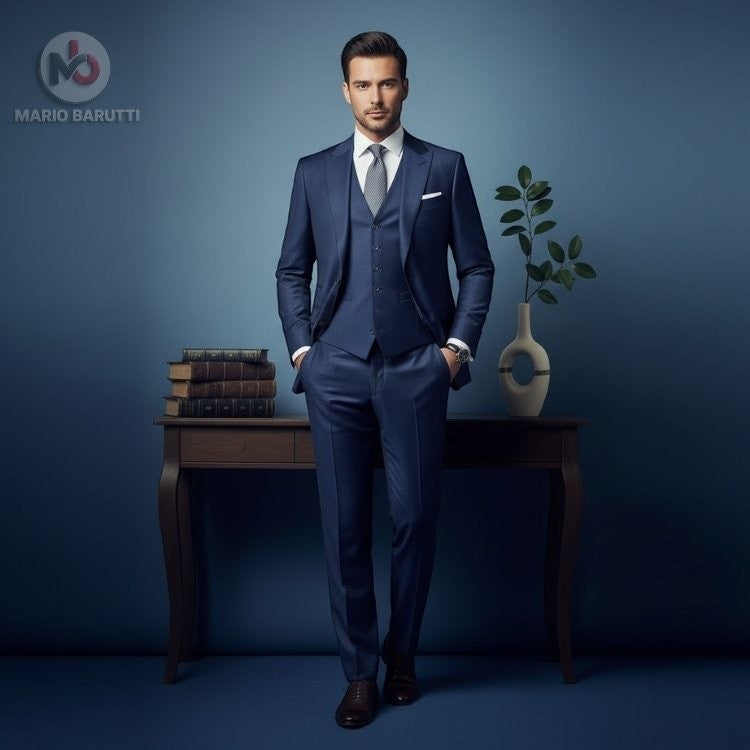 Marco Ricci navy three-piece suit worn by a man standing by a wooden desk with books and a vase.