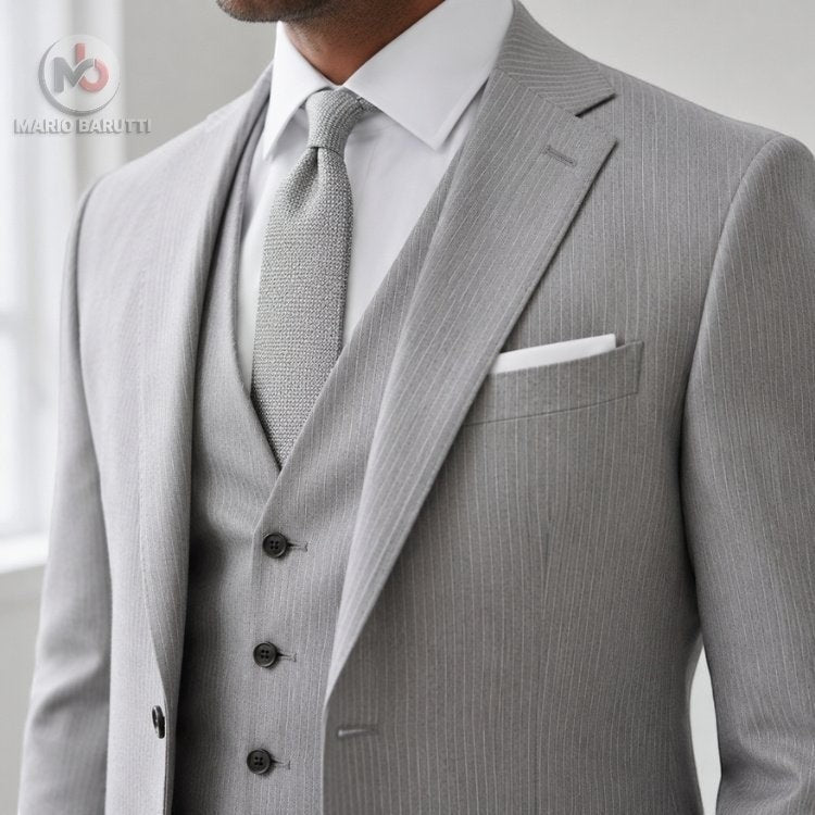 Marco Ricci silver pinstripe three-piece suit with waistcoat, white shirt, and textured grey tie.