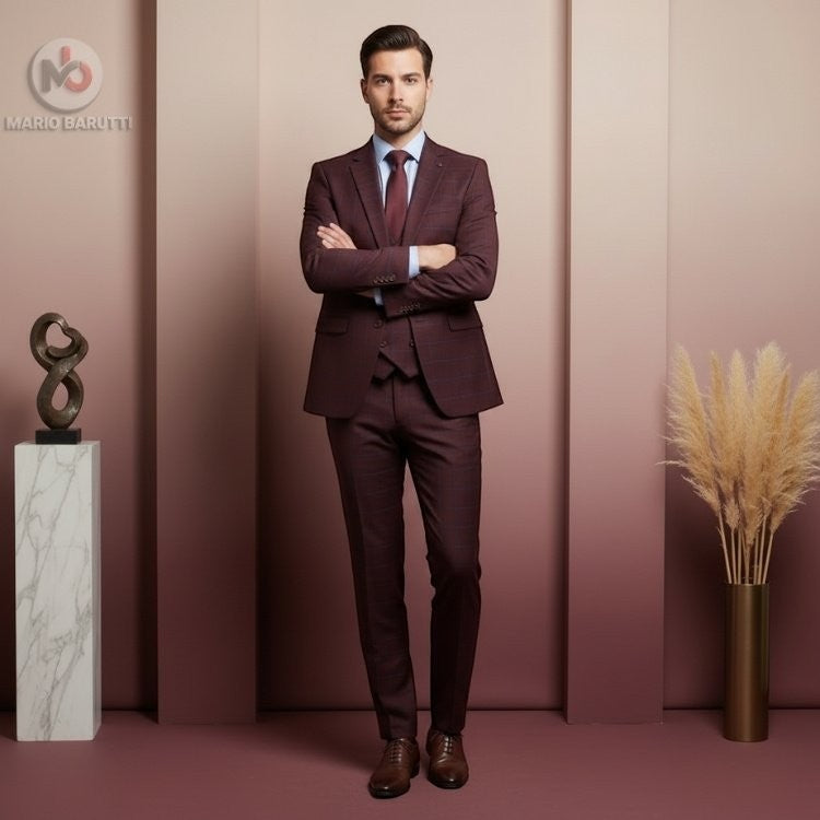 Barutti.ae maroon three-piece suit with blue check pattern, worn by a man with a light blue shirt and brown shoes.
